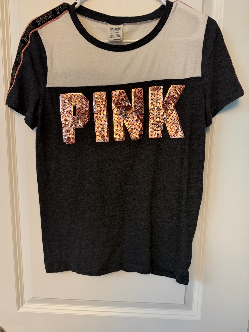 PINK Victoria's Secret Gray & White Short Sleeve Tee with Rose-Gold Sequin Logo
